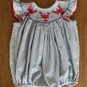 Secret Wishes Girls Smocked Bubble Romper 12M Embroidered Lobsters Nautical